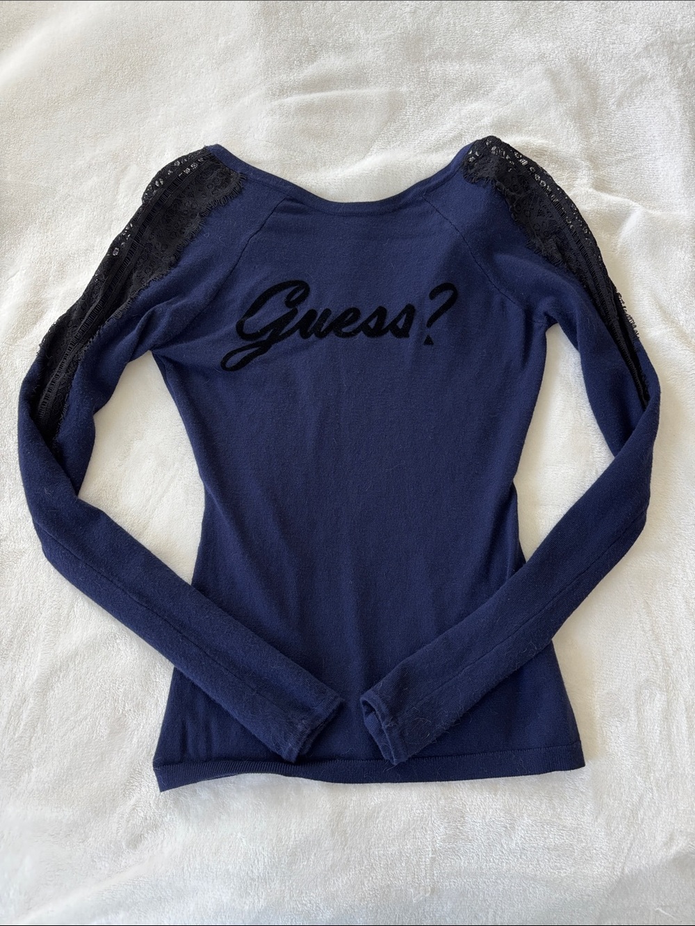 Guess Navy Long Sleeve Top with Black Lace Shoulders